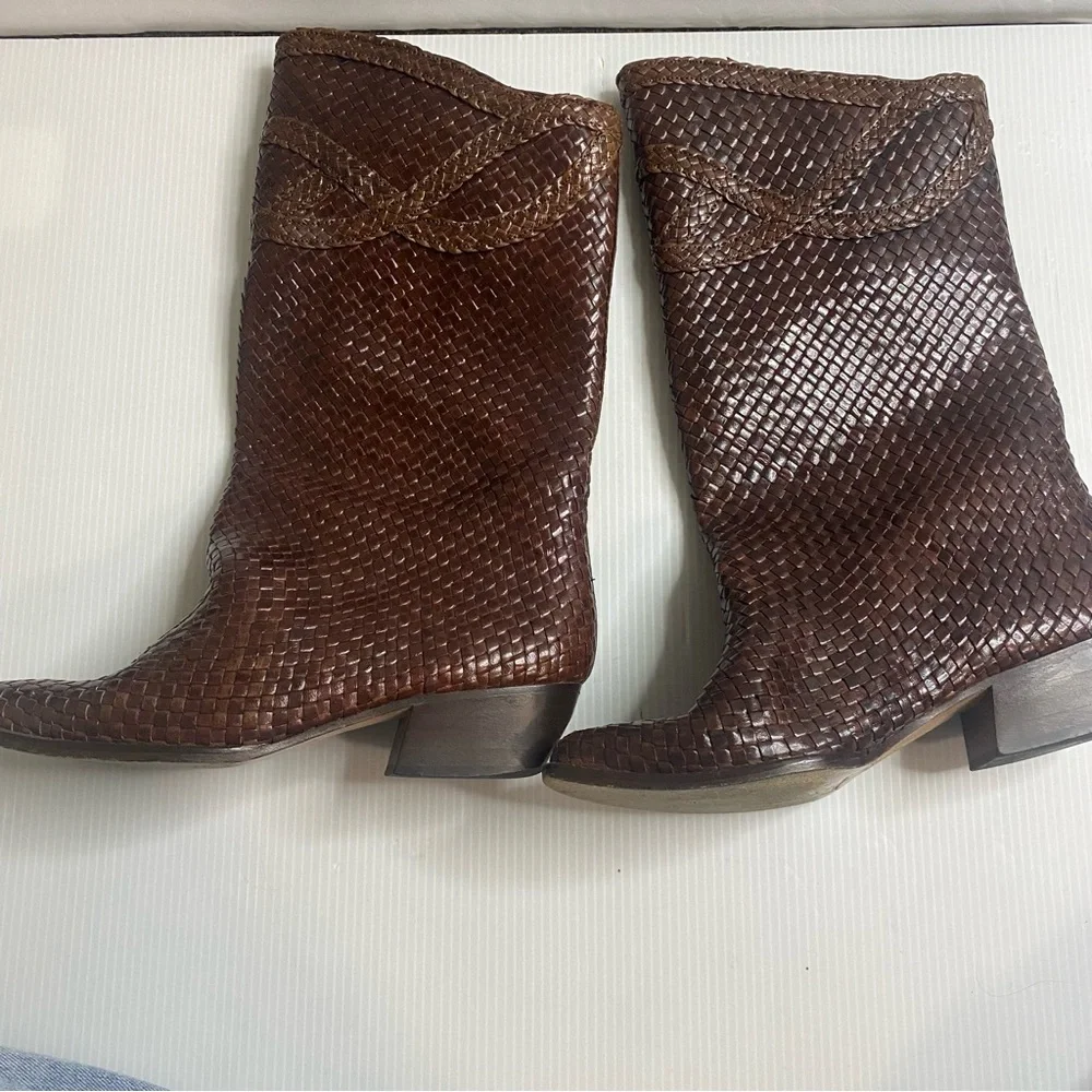 Sesto Meucci Woven Brown Leather Mid-Calf Women’s Boots Size 7M - Picture 2 of 13